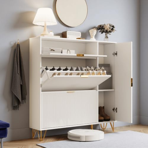 Julyue Schuhschrank weiß Schuhkipper mit 3 Klappen und 1 Türig, Schuhkommode Shoe Cabinet Schuhschrank Kommode Flur Schuhregal Schmal für den Eingang, Flur, Wohnzimmer(110x24x111.5cm)