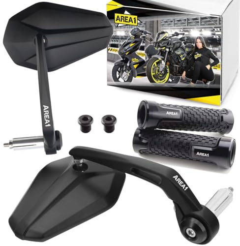 Area1 Motorrad Lenkerendenspiegel Rückspiegel Set E-geprüft + Griffe, kompatibel mit Duke SMC/R MT07 MT09 MT125 Z900 Z650 Z500 Z125 CMX Hornet SV650 GSXS GSF Bandit R12 S1000 Tuono RnineT Scrambler