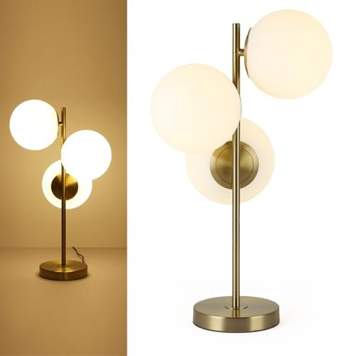 Alpinaluz Lampe de table en acier doré - Design élégant avec triple abat-jour en verre opale blanche Ø15 cm - 3 douilles E27 - Éclairage décoratif