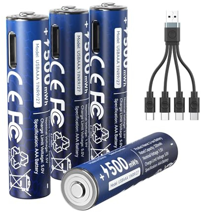 NTONPOWER Piles Lithium AAA 1,5 V 500 mWh, Rechargeables USB-C avec câble, Lot de 4, pour Lampe Torche