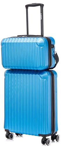 R.Leone Valigia Ryanair 55x40x20 cm+ 40x20x25 cm Set 2 Pezzi Trolley Bagaglio a mano 4 Ruote e Beauty Case in ABS 2208 (Azzurro, Set 2 Pezzi S+XS)