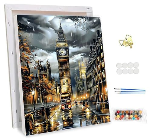 NEWENMO Big Ben Pintar por Números Adultos con Marco Set 30x40cm | Calles Londres Pintura por Números,DIY Paint by Numbers,Kit de Pintura al Óleo con Marco para Decoración del Hogar y Regalo