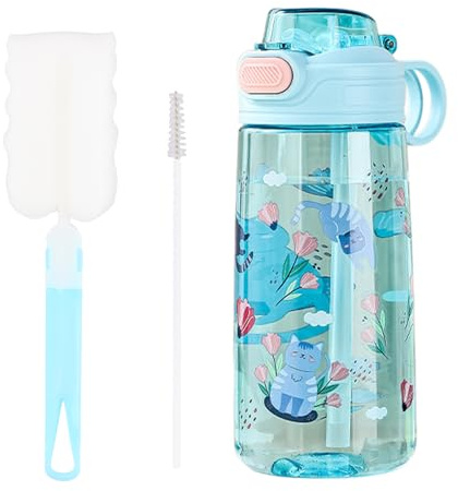 Colexy Gourde pour Enfant, 550 Ml, avec Paille, Bouton de Déverrouillage Instantané, Bleue, Jolis Autocollants, Étanche, Durable, Idéale pour Les Enfants. Aller à l'École, Voyager, Réaliser