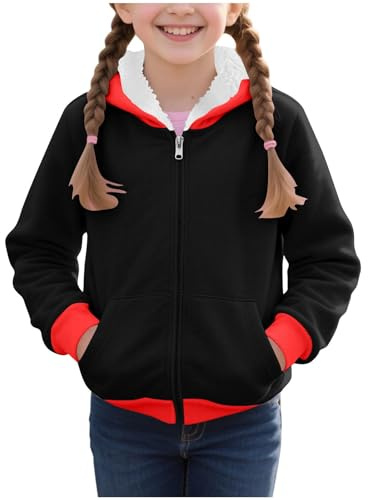 Fleece Lined Hoodie for Kids Girls Full Zip Up Fleece Jacket Girls Boys Sherpa Warm Cosy Outerwear Winter Thicken Thermal Coats Kids Fluffy Fuzzy Hooded Jackets Teddy Bear Coat with Pockets Black