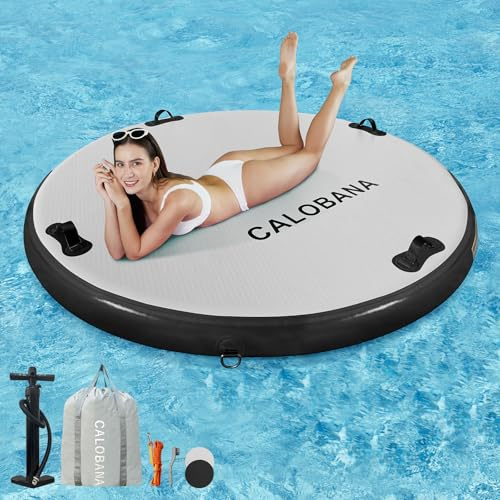 CALOBANA 6ft Round Inflatable Dock, Heavy Duty Water Hammock Floating Ring Island Platform Lake Raft for Adults Party Tanning Pool, Grey & Black