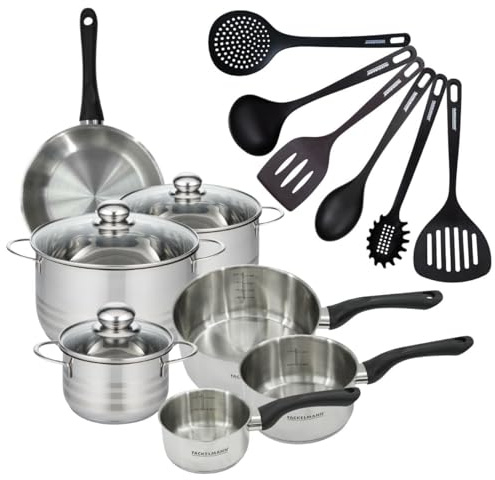 Fackelmann 9357650 1 poêle 20 cm 3 casseroles 12 16 20 cm inox 18/8, 3 faitouts inox 16 20 24 cm, 6 ustensiles, Poêle tous feux, Poêle induction, sans PFAS, Inox, Verre, RPET, 12 16 20 24 cm
