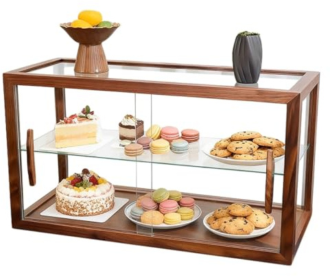TidyWood Glasvitrine, 2-stöckige Thekenvitrine aus Holz und Glas mit Zwei Regalen, Dessertvitrine for gewerbliche Konditoreien, Bäckereien, Kuchen, Donuts, Sammlerstücke und Waren(B)