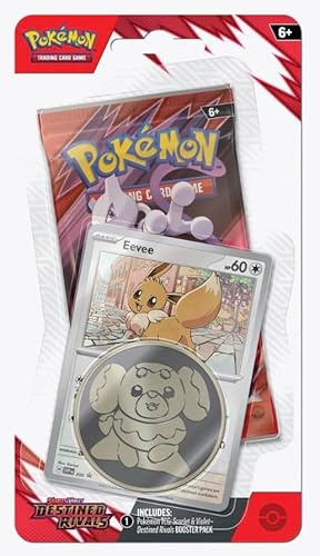 Pokemon - Juego de cartas coleccionables Scarlet & Violet Destined Rivals Blister con tarjeta promocional Eevee, paquete de refuerzo, moneda de coleccionista, a partir de 6 años