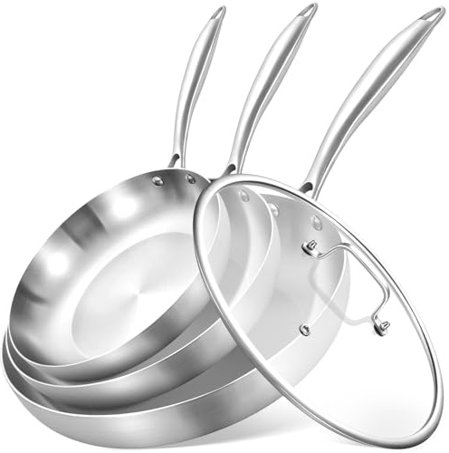Inqibee Edelstahlpfanne Bratpfannenset 20/24/28 cm mit Deckel | Pfannenset Edelstahl Set Unbeschichtet, Edelstahl-Bratpfanne, Für Induktion & alle Herdarten - Ofenfest, Spülmaschinenfest