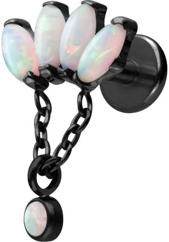 PIERCINGLINE Piercing Stecker Titan Labret mit Innengewinde LOTUSBLÜTE + SYNTHETISCHE OPALE - Roségoldfarben, Schwarz, Goldfarben, Weiß, Silberfarben