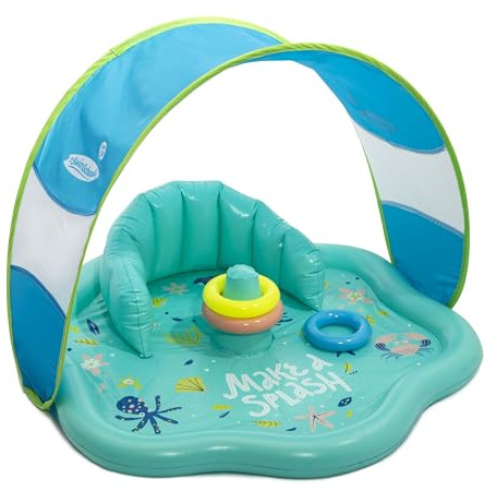 SwimSchool Baby Splash Play Mat with Adjustable Canopy – Inflatable Play Pool for Babies & Infants with Backrest – Includes Baby Water Toy Rings