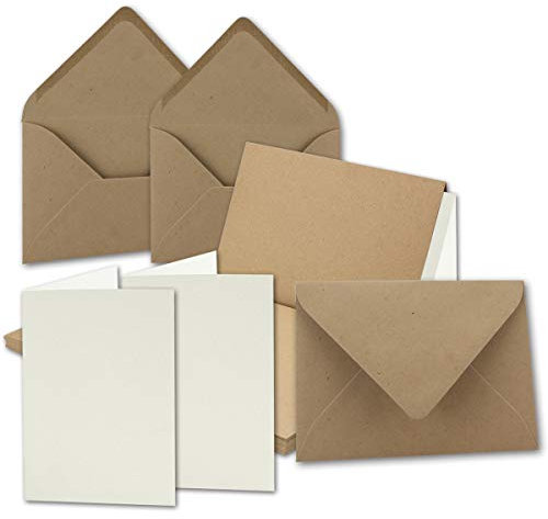 100x Vintage Kraftpapier Falt-Karten Set mit Umschlägen und Einlegern DIN A5-148 x 210 mm - braun - Recycling - blanko - NEUSER Papier