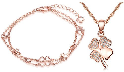 Yumilok Jewelry 925 Sterling Silver Jewellery Sets Rose Gold Plated Lucky Four Leaf Clover Necklace and Bracelets Jewelry Set for Women/Girls