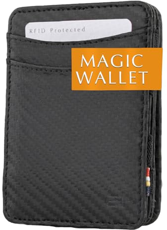 HUNTERSON Magic Wallet de Cuero Carbón Negro - para 6 Tarjetas- con Bolsillo para Monedas – Tarjetero de Tarjetas con Bloque RFID. Cartera para Hombres – Regalos Originales para Hombre