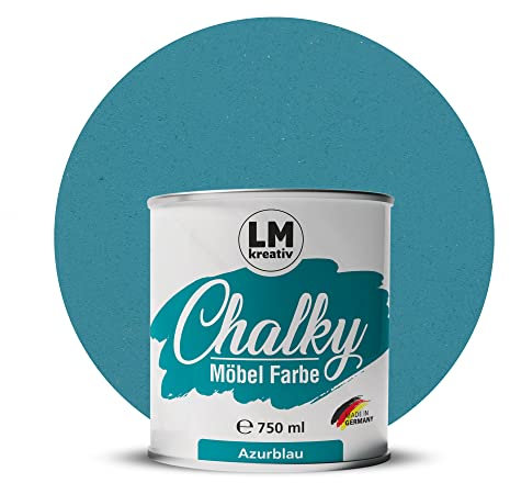 Chalky Möbelfarbe Kreidefarbe für Möbel 750 ml / 1,05 kg (Azurblau), matt finish In- & Outdoor Kreide-Farbe für Shabby-Chic, Vintage Look, Landhaus Stil Möbel streichen
