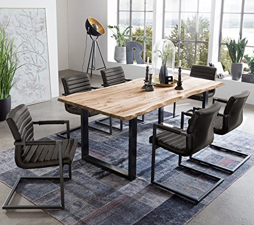 SAM 7tlg. Essgruppe 180x90 Akazie Natur/schwarz, 6X Stuhl anthrazit | Baumkantentisch + Schwingstuhl Parzivo, Tischgruppe Quintus, Akazie-Holz naturfarben