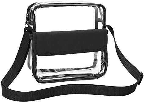 QKURT Clear Crossbody Messenger Shoulder Bag with Adjustable Strap, Concert Stadium Approved Transparent Purse Clear Bag for Women Men, Waterproof & Black