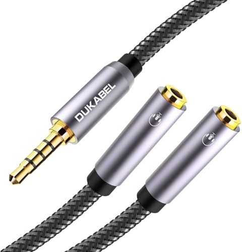 DuKabel Long Headphone Splitter (4ft / 1.2m) Shielded 4-Pole TRRS 3.5 Y Splitter Cable 2-Way Female to Male Headphone Adapter Stereo Audio/Crystal-Nylon Braided / 24K Gold Plated / 99.99% 4N OFC | Hi-Fi Stereo Sound, 24K Gold-Plated, TRRS Mic Support, Music Sharing, for Phone, PC, Headset, NS, PS4, PS5, Xbox etc