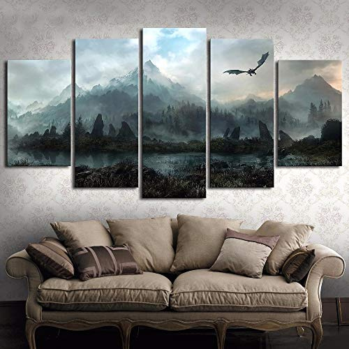 XSHUHANP Kunstdrucke Auf Leinwand Wandkunst Bilder Home Decor 5 Stücke Thrones Drachen Skyrim Gemälde Für Wohnzimmer Modulare Drucke Plakatrahmen