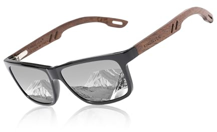 KINGSEVEN Design Holz Polarisierte Rechteckige Sonnenbrille für Herren, Walnuss-Holzrahmen Verspiegelte Brille zum Fahren W5508 (Silber)