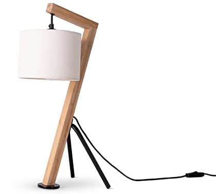 Paco Home Tischlampe Holz Nachttischlampe Schreibtischlampe Retro E27 Fassung Tischleuchte Wohnzimmer Vintage Stoff Lampenschirm Leselampe Modern