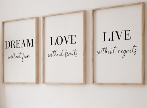 Dream Love Live Quotes set of 3 Unframed Prints, Home Decor Wall Art, Dream Without Fear, Love Without Limits, Live Without Regrets (A4)