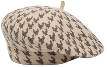 oonui Baskenmütze Damen Houndstooth Baskenmütze Für Frauen Retro Gestrickte Baskenmützen Plaid Schiebermützen Damen Winter Warme Mütze Pilzmützen,Beige,54-58Cm