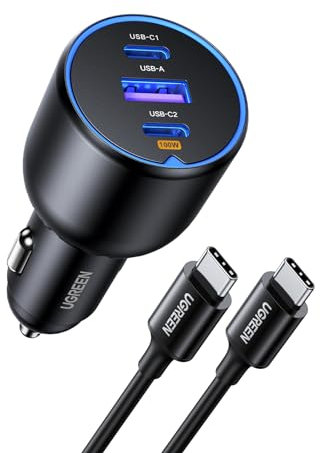 UGREEN 130W USB C Car Charger 3-Port PD 100W PD3.0/QC4.0/PPS Fast Car Charger Adapter with 100W USB C Cable Compatible with iPhone 16/15/14/13 Series, Galaxy S24/S23/S22 Ultra, iPad, Tablet, Laptop
