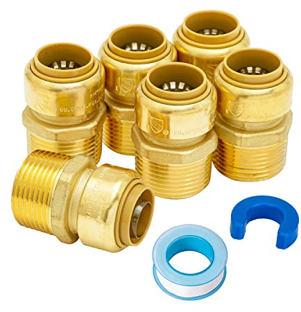 SUNGATOR 3/4 Inch x 1 Inch Male NPT Adapter, No Lead Brass Push-to-Connect Plumbing Fittings to Connect PEX, Copper, CPVC, With A Disconnect Clip and A Sealing Tape, Pack of 6