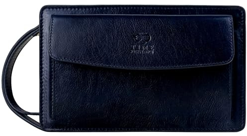 Time Resistance Pochette en cuir pour homme - Sac de poignet fait à la main en Italie Bleu