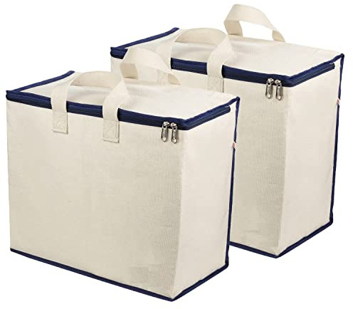 Nobel Canvas Reinforced Cotton Handles with Multipurpose Clothes Storage Organizer for Grocery, shopping, Laundry and Covers Zip Bags - PACK OF 2 (Cream with Navy Edges)