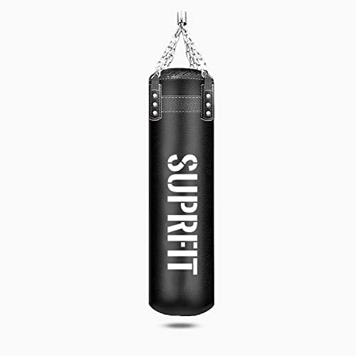 SUPRFIT - Boxsack gefüllt 36 Kg aus schwarzem PU Leder - Heavy Duty Box Sack mit Stabiler Vierpunkt Stahlkettenaufhängung inkl. Drehgelenk für 360° Rotation - Punching Bag für Erwachsene 150 cm
