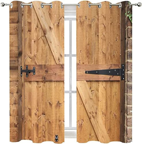 Vorhang Blickdicht Vintage Holztüren Gardinen mit Ösen 3D Bauernhof Scheune Blickdichte Vorhänge Thermovorhang Kälteschutz Verdunklungsvorhänge für Wohnzimmer Schlafzimmer 2er Set 140x145 cm（BxH