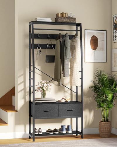 YITAHOME Garderobenregal mit Schuhschrank, freistehender Dielenbaum mit Bank und 2 klappbaren Schubladen, Industriegarderobe mit 8 Haken für Flur Wohnzimmer Schlafzimmer, Metallrahmen, Schwarz