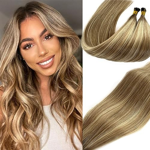 24Inch I Tip Human Hair Extensions Balayage Ash Blonde to Platinum Blonde Highlight Pre Bonded Hair Extensions Ombre Balayage 50 Strands 50G Keratin Stick Tip Remy Hair