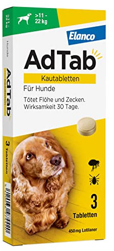 AdTab Hunde Zecken- und Flohschutz (über 11 bis 22 kg), Kautablette tötet Zecken und Flöhe schnell ab und schützt einen Monat lang, leicht zu verabreichen (3 St. pro Packung)