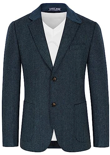 PJ PAUL JONES Herren-Blazer mit Fischgrätenmuster, Vintage-Tweed-Wollmischung, Sakko, Jacke, Dunkelblau, L