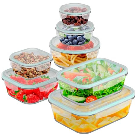 edihome, Contenitori Ermetici per Alimenti Vetro, 8,14 o 18 pezzi (contenitori + coperchi), a tenuta d'aria, a prova di perdite - Senza BPA, approvato dalla FDA e dal FSC (7 contenitori)