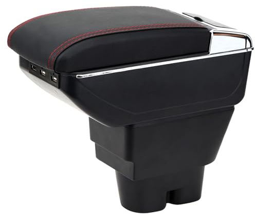 YJYWZH Armlehne für Peugeot 207 207CC 2006-2015,mit USB und Getränkehalter | Mittelarmlehne mit Getränkehalter,6 USB+1 USB-C,Doppelstauraum,Verschiebbare Armauflage Mittelkonsole,PU-Leder,Schwarz-Rot