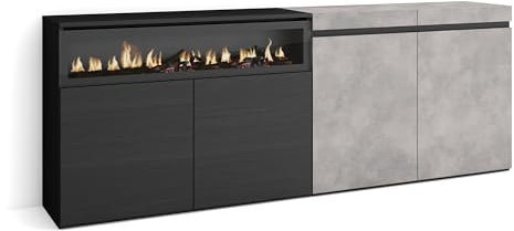 Skraut Home | Sideboard, Highboard | Kommode, Komodenschrank | 200x75x35cm | 4 Türen | Elektrokamin. Maße | Moderner Stil | Zement