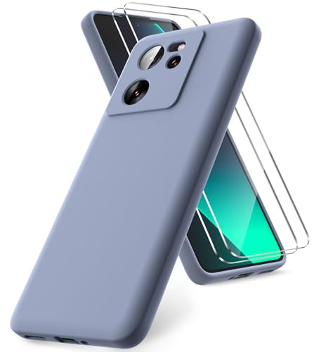 Vansdon Funda Compatible con Xiaomi 13T/Xiaomi 13T Pro, 2 Unidades Protector Pantalla Cristal Templado, Silicona Líquida Gel Ultra Suave Funda- Gris Lavanda