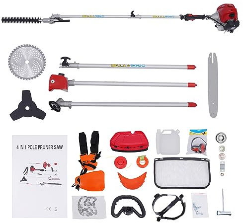 GramStudio Tagliasiepi a benzina 4 in 1, motore a 2 tempi, 51,7 cc, 1,4 KW, 6500 rpm, per taglio e segatura, CG520