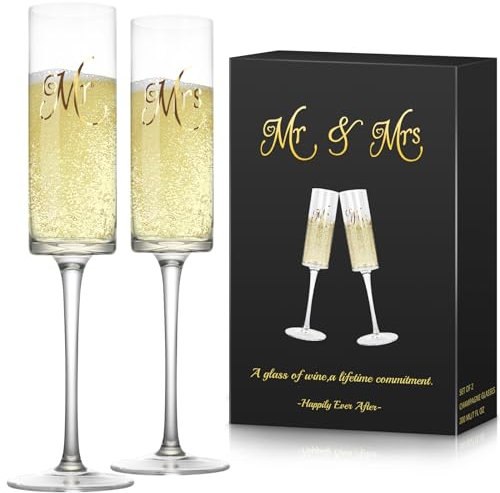 Ulable Set of 2 Mr & Mrs Champagne Flutes - Engagement & Wedding Gifts - Elegant Prosecco Glasses - 210ml Champagne Glasses Gift Set, Birthday and Holiday Gifts