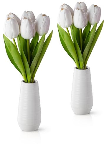 PASCH® 2er Set künstliche Tulpen wie echt in weißen Keramikvasen (35cm): Elegante weiße Tulpen künstlich wie echt | Kunstblumen im Topf | Künstliche Blumen im Topf | Kunsttulpen Weiss