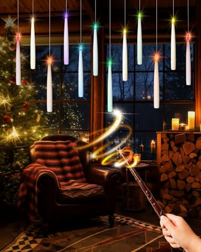 TobeBright 12 Piezas Velas Flotantes con Control Remoto de Varita Mágica, Velas LED sin Llama que Cambian de Color, Velas Colgantes que Funcionan con Pilas para Navidad Halloween Fiesta Decoración