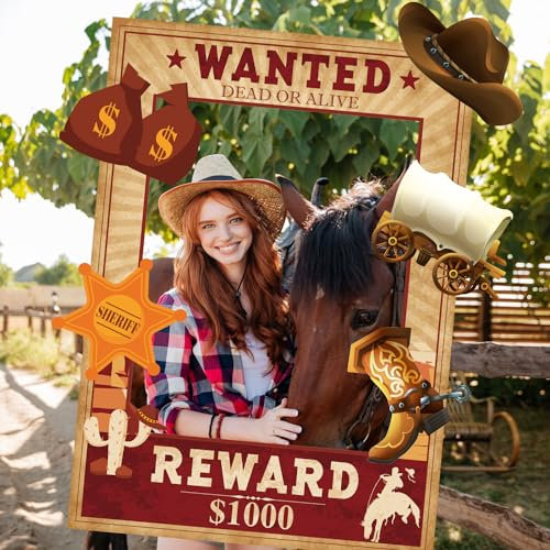 West Wanted Photo Booth Prop Kit Cowboy Party Dekoration Wild Western Cowboy Thema Photo Booth Prop Set Wild Western Selfie Photo Booth Poster für Cowboy Cowgirl Rustikales Partyzubehör