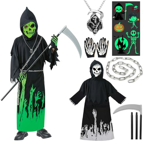 YADODO Déguisement Faucheuse Enfant 4-6 ans Halloween Costume Faucheuse Enfant avec Faucille Gants Cape Noire Faucheuse Grim Reaper Costume pour Halloween Carnaval Déguisement Squelette (S)