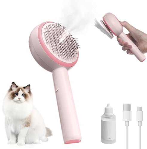 Hundebürste Katzenbürste mit Dampf, 4-in-1 Steamy Cat Brush, Tierhaarentferner für Langhaar und Kurzhaar, Tierhaarentfernungskamm, Sauberes Haustierhaar von der Bürste mit Einem Knopf (Rosa)
