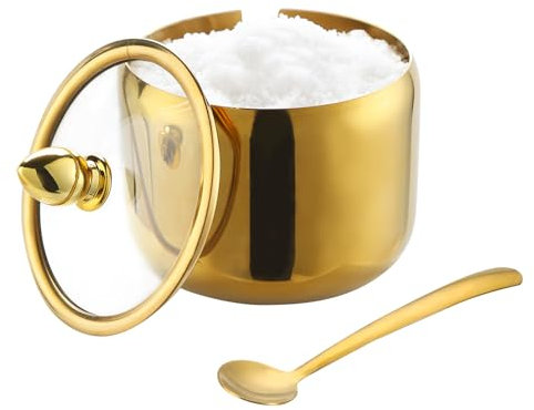 IBWell Azucarero de 10 onzas con tapa y cuchara, recipiente de azúcar dorado con cuchara para barra de café, accesorios de cocina para condimentar azúcar, sal, granos de café