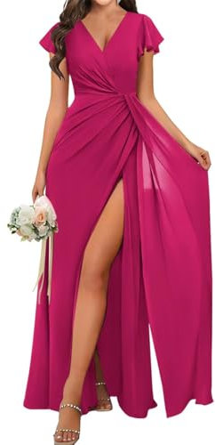 Vestido de dama de honor de princesa de manga corta, vestido de gasa con cuello en V, vestido formal de fiesta de noche con abertura, fucsia, 36